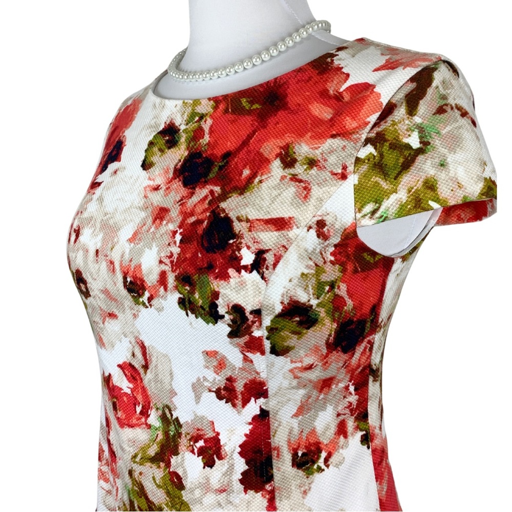 Liz Claiborne White Red Floral Boudreau Neckline Cap Sleeves Sheath Midi Dress 4 - Picture 4 of 15